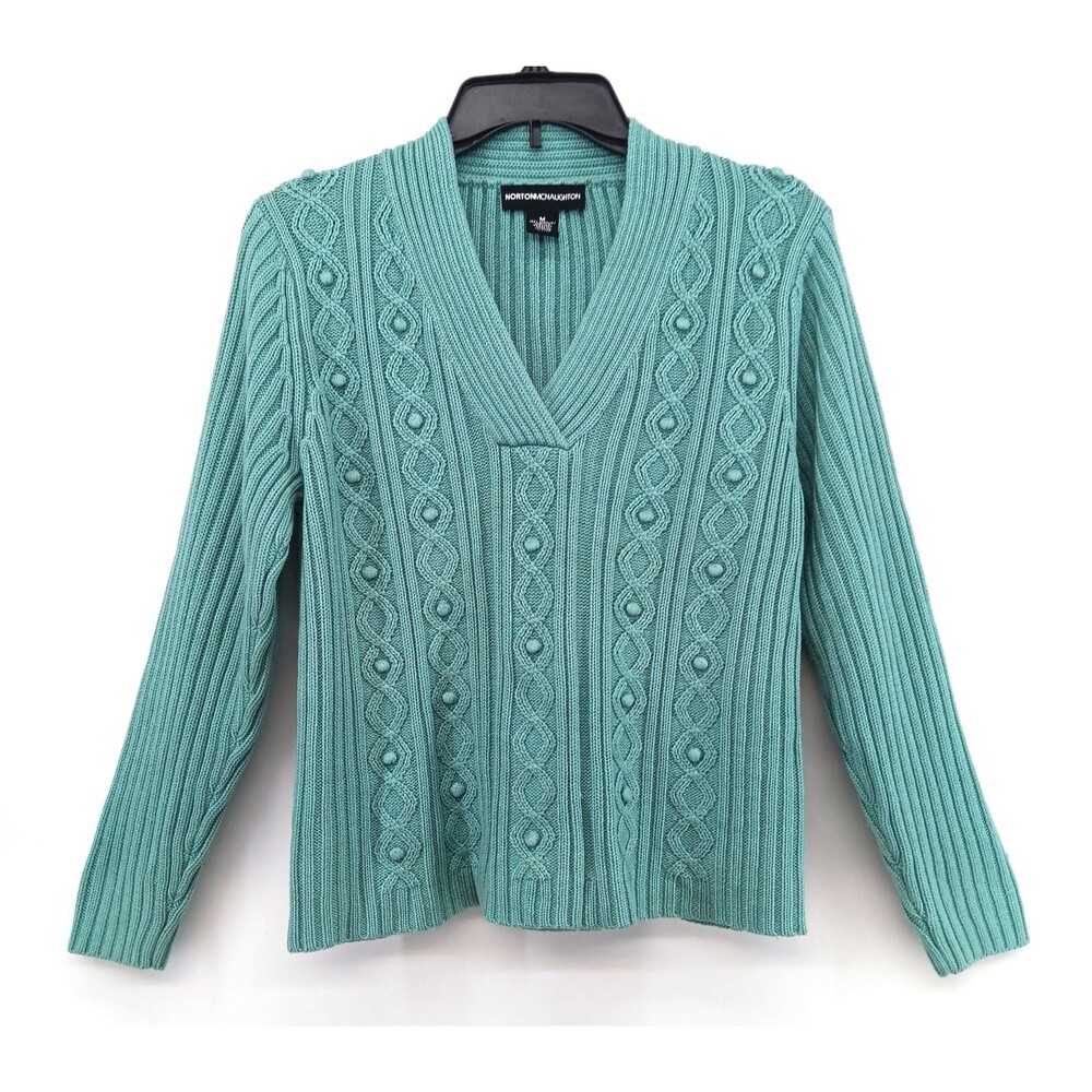 Norton McNaughton Sweater Women Medium Seafoam Green V Neck Cable Knit Top